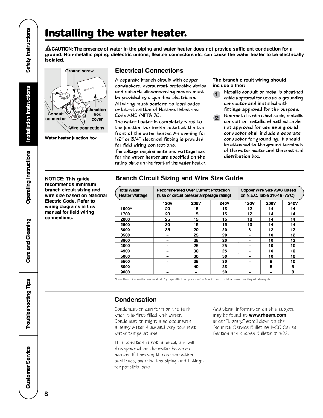 GE GE30T06MAG, AP12170-4 Electrical Connections, Branch Circuit Sizing and Wire Size Guide, Condensation 