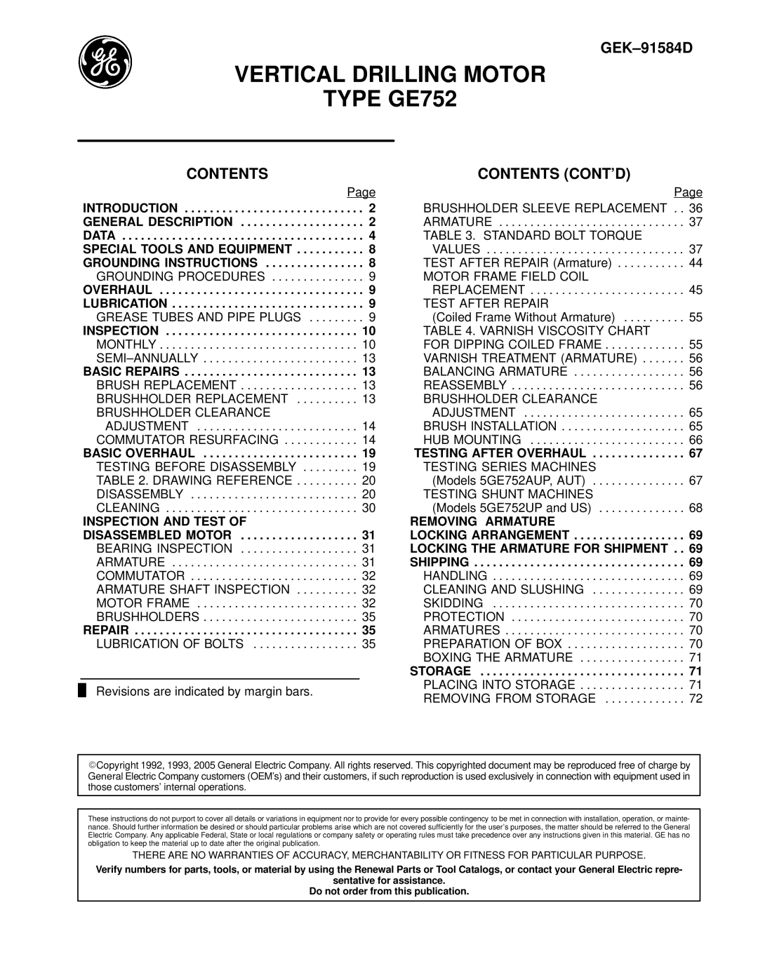 GE manual Vertical Drilling Motor Type GE752, Contents 