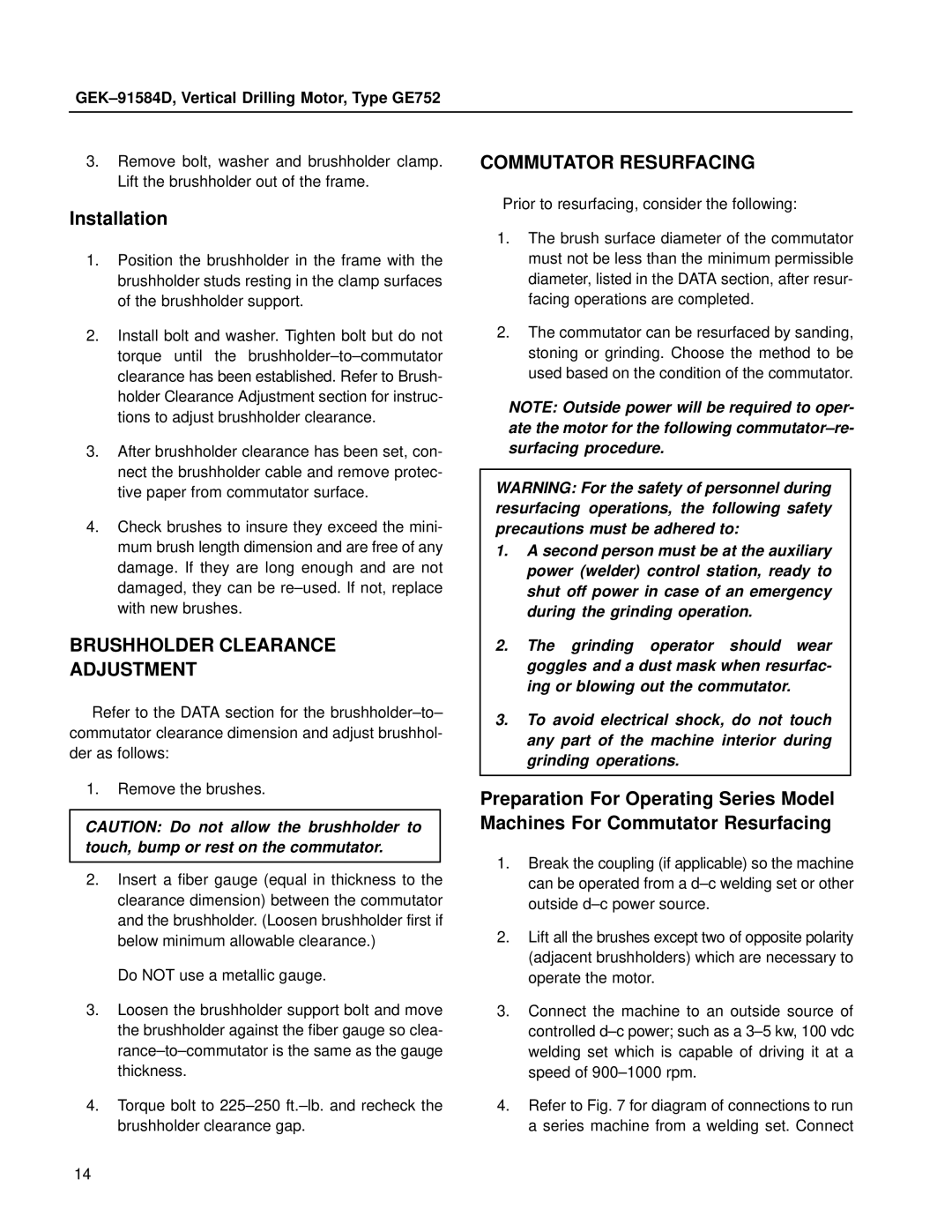 GE GE752 manual Commutator Resurfacing, Installation, Brushholder Clearance Adjustment 