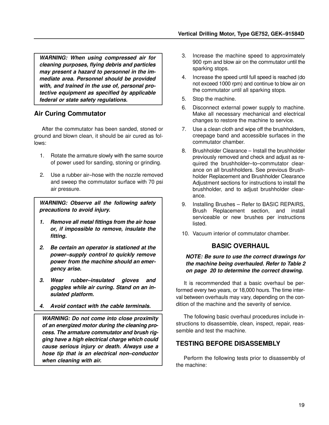GE GE752 manual Air Curing Commutator, Basic Overhaul, Testing Before Disassembly 