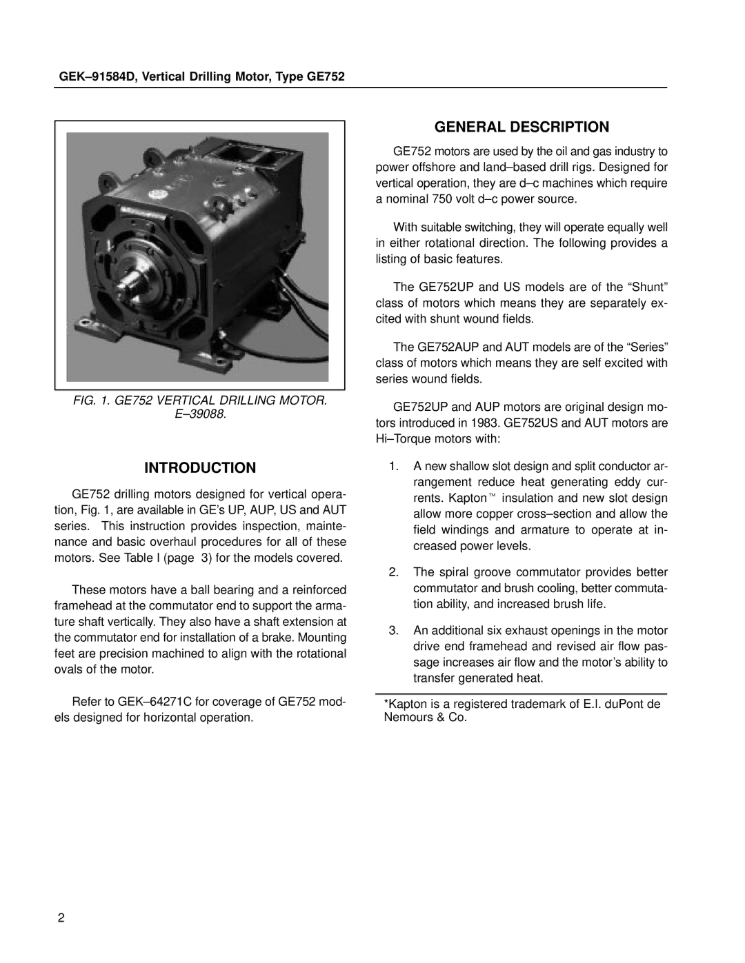 GE manual General Description, Introduction, GEK±91584D, Vertical Drilling Motor, Type GE752 