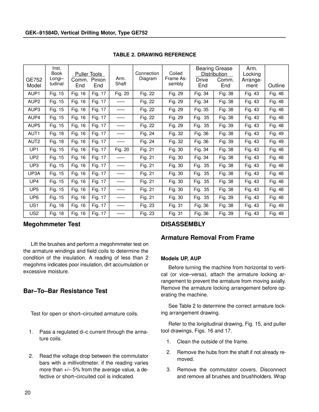 GE GE752 manual Megohmmeter Test, Bar±To±Bar Resistance Test, Disassembly, Armature Removal From Frame, Models UP, AUP 