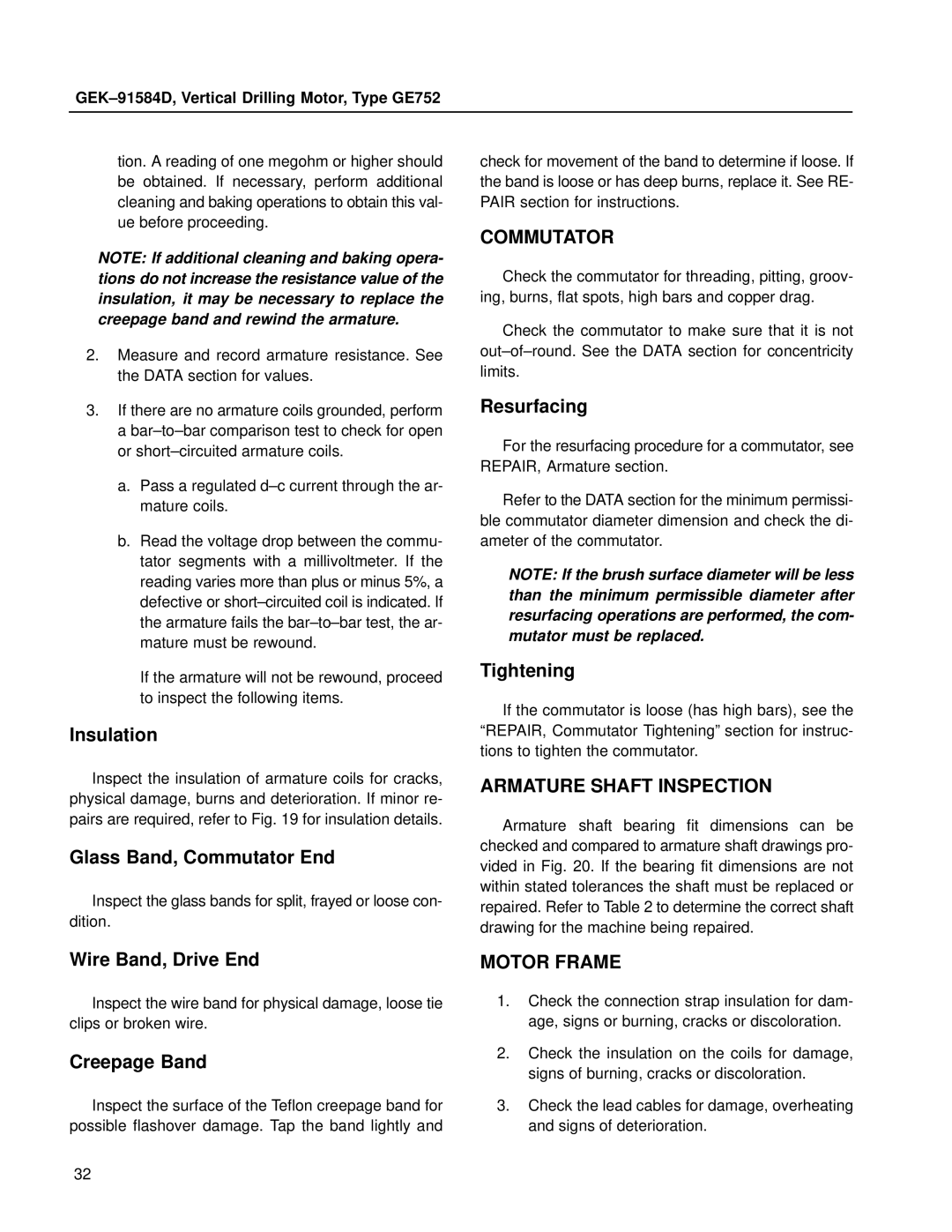 GE GE752 manual Commutator, Armature Shaft Inspection, Motor Frame 