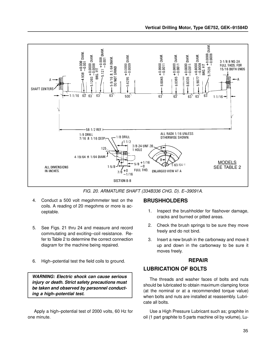 GE GE752 manual Brushholders, Lubrication of Bolts 