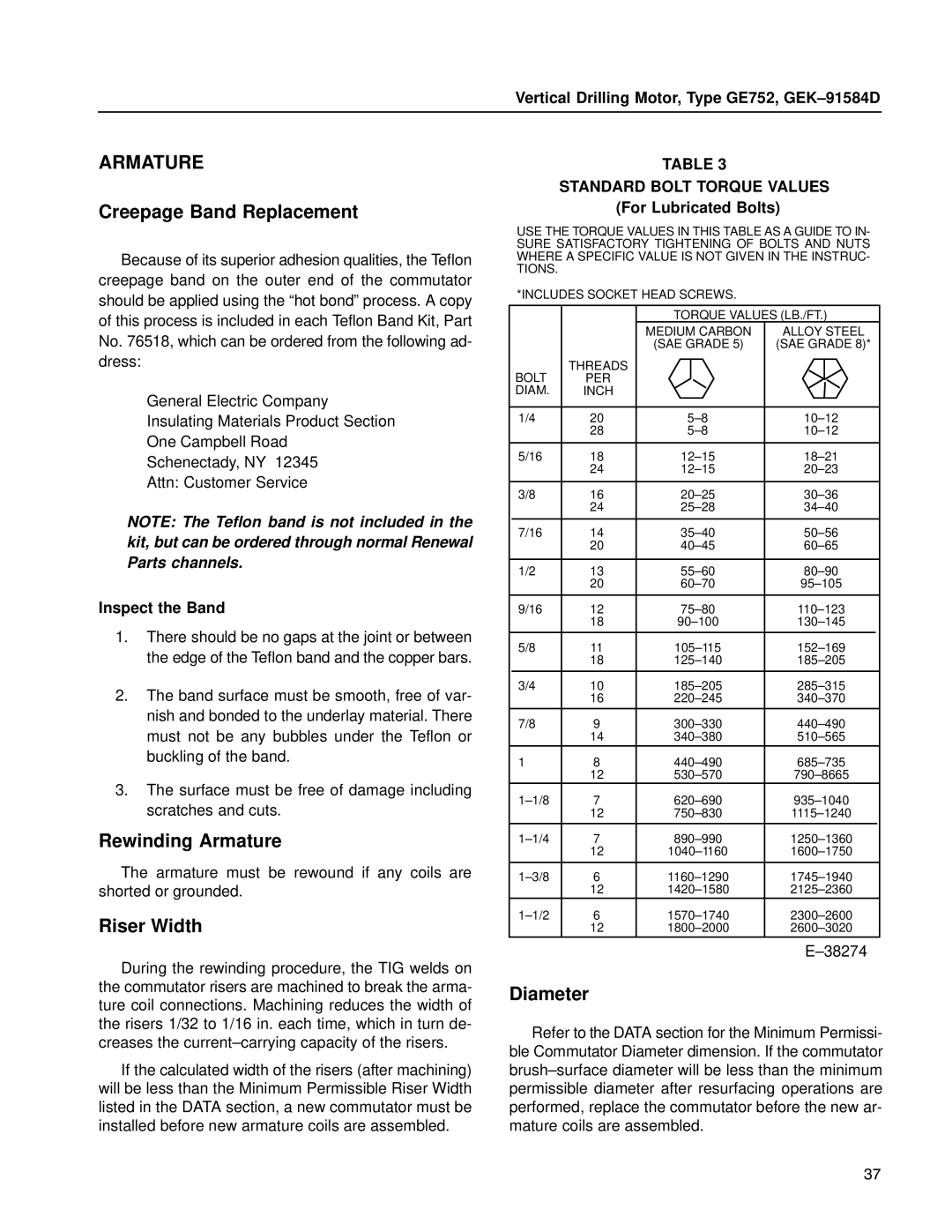GE GE752 manual Creepage Band Replacement, Rewinding Armature, Riser Width, Diameter 