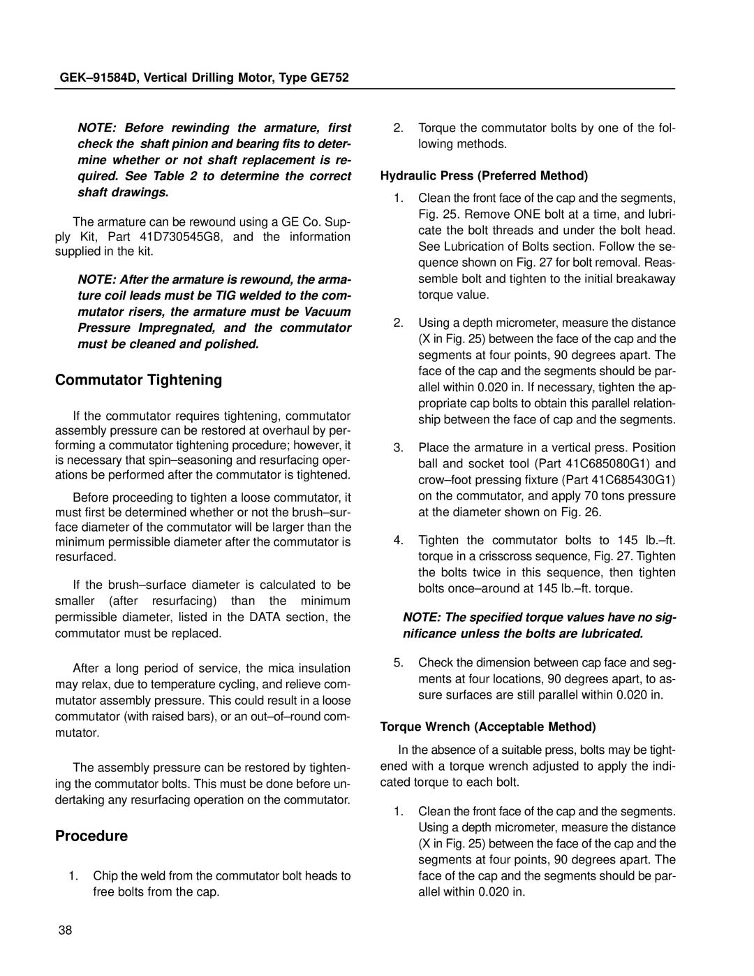 GE GE752 manual Commutator Tightening, Procedure, Hydraulic Press Preferred Method, Torque Wrench Acceptable Method 