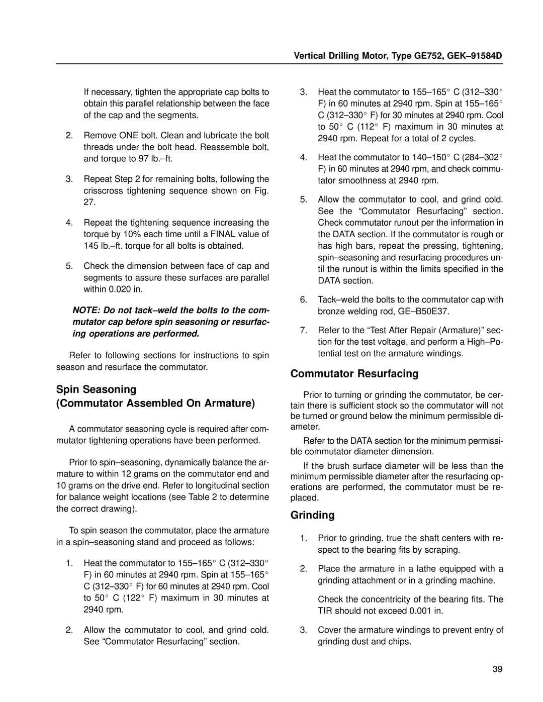 GE GE752 manual Spin Seasoning Commutator Assembled On Armature, Commutator Resurfacing 