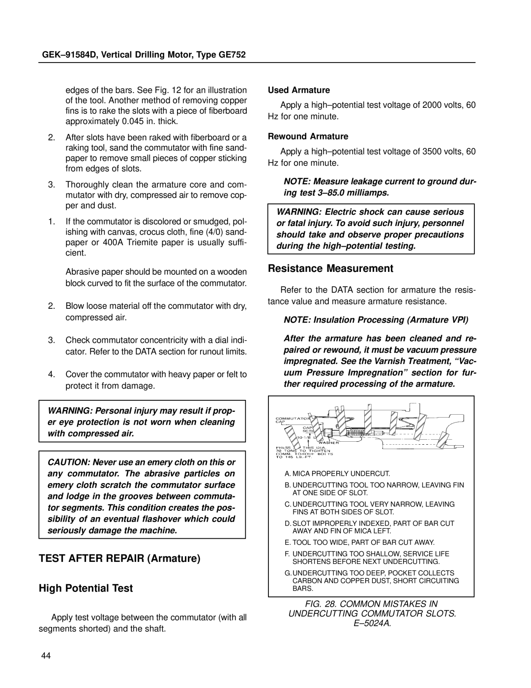 GE GE752 manual Resistance Measurement, Test After Repair Armature High Potential Test, Used Armature, Rewound Armature 