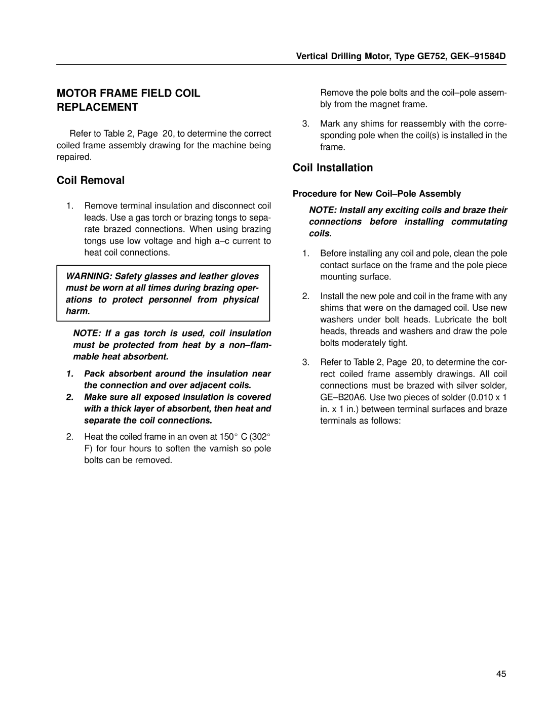 GE GE752 manual Motor Frame Field Coil, Replacement, Coil Installation, Coil Removal, Procedure for New Coil±Pole Assembly 