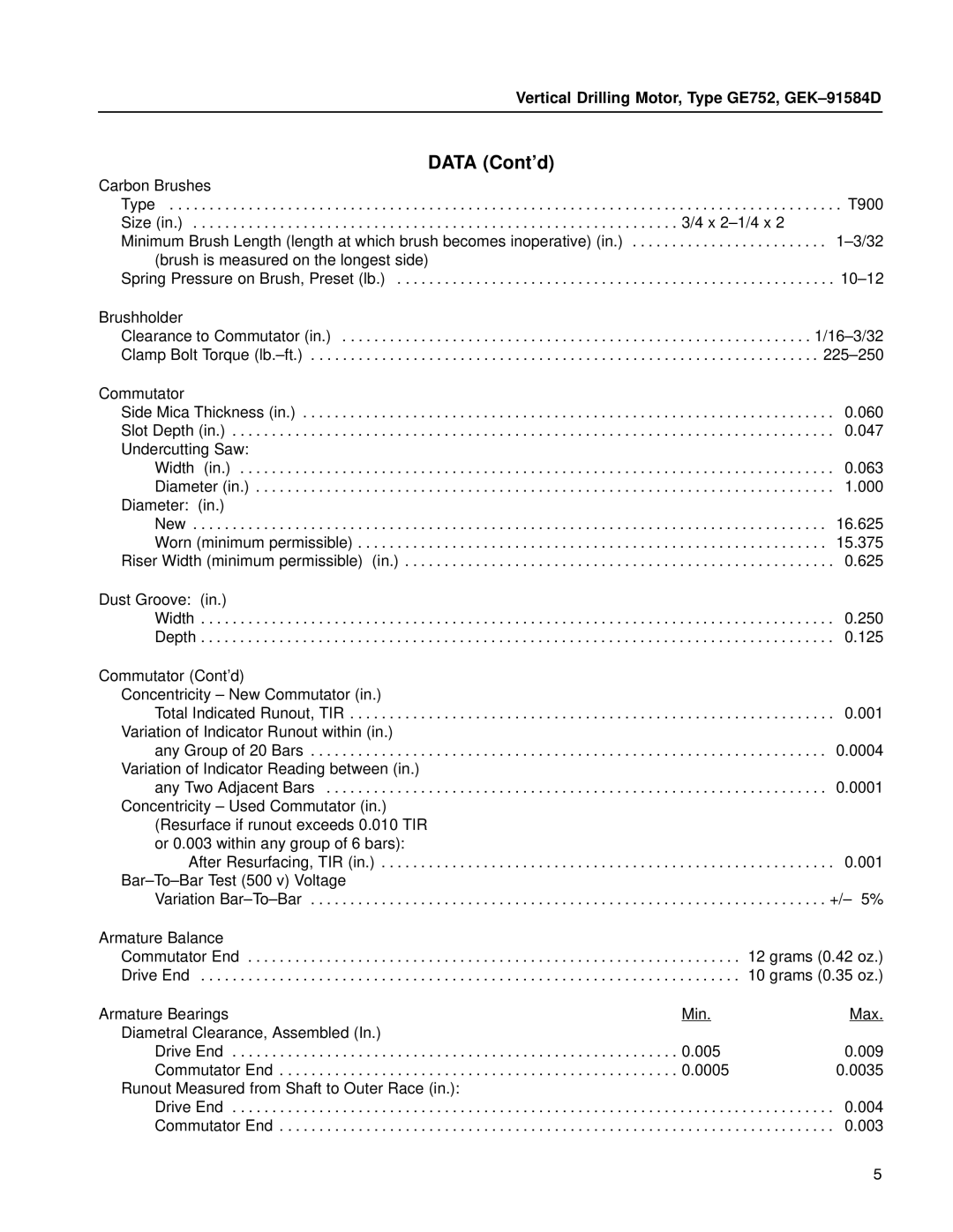 GE GE752 manual Data Contd, Carbon Brushes 