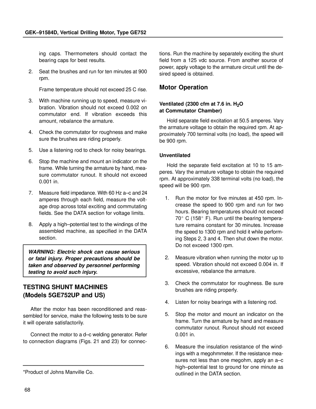 GE manual Testing Shunt Machines Models 5GE752UP and US, Motor Operation, Unventilated 