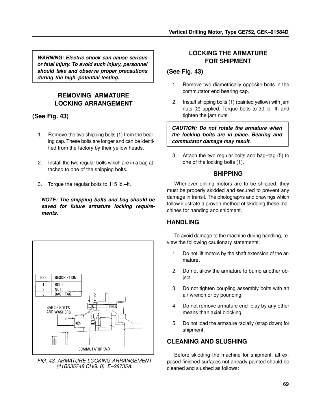 GE GE752 manual Removing Armature Locking Arrangement, Locking the Armature For Shipment, Shipping, Handling 