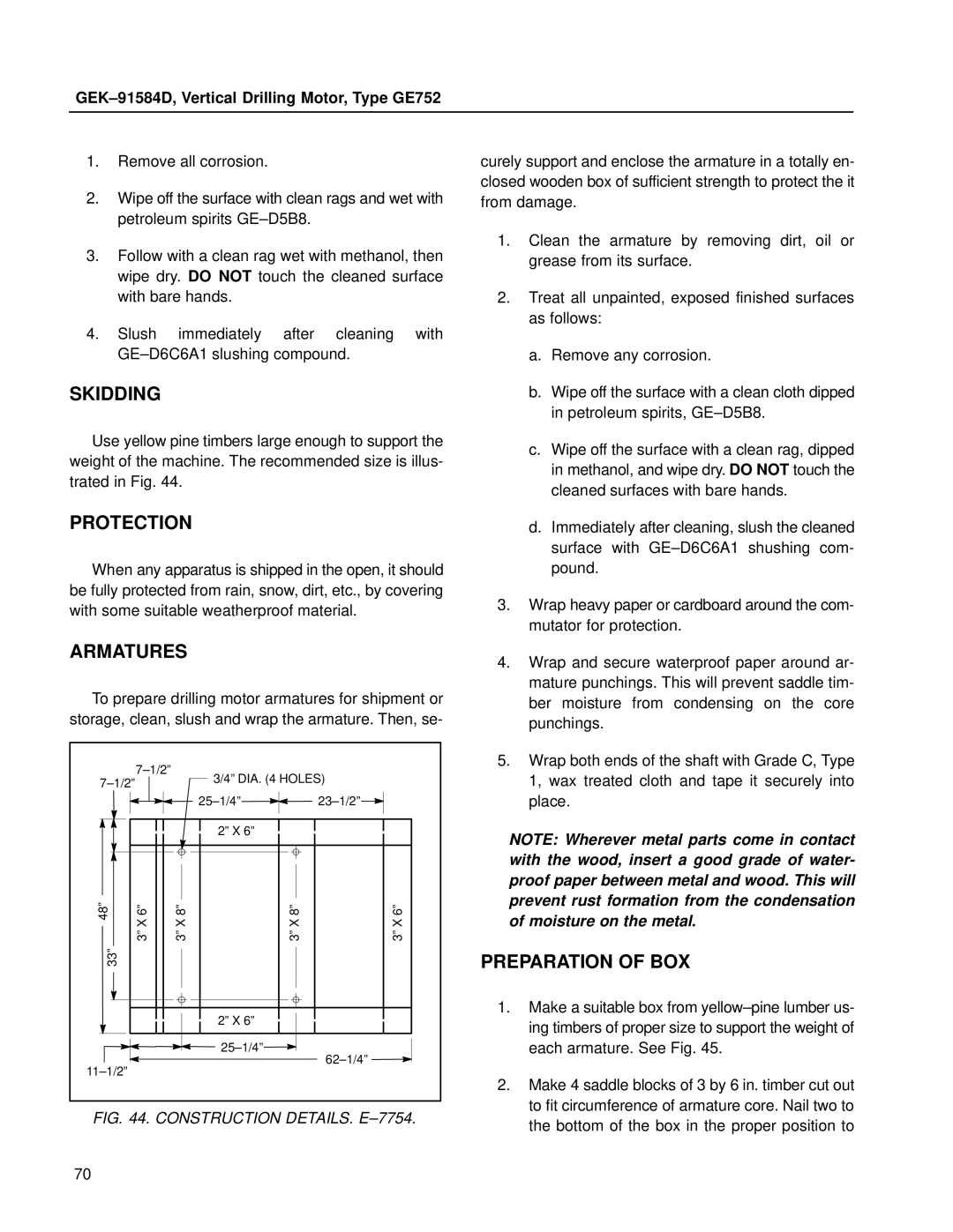 GE GE752 manual Skidding, Protection, Armatures, Preparation of BOX 