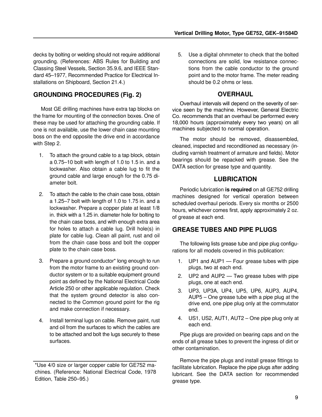 GE GE752 manual Grounding Procedures Fig, Overhaul, Lubrication, Grease Tubes and Pipe Plugs 