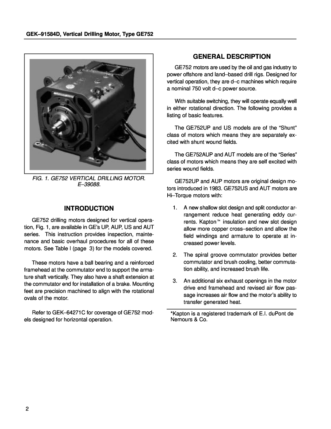 GE manual General Description, Introduction, GEK±91584D, Vertical Drilling Motor, Type GE752 