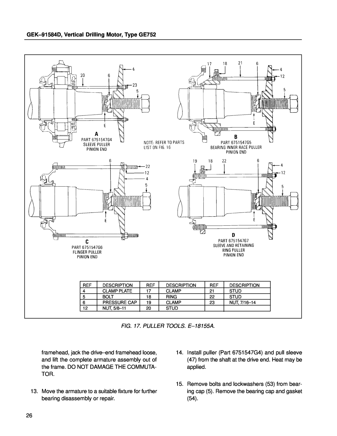 GE manual PULLER TOOLS. E±18155A, GEK±91584D, Vertical Drilling Motor, Type GE752 
