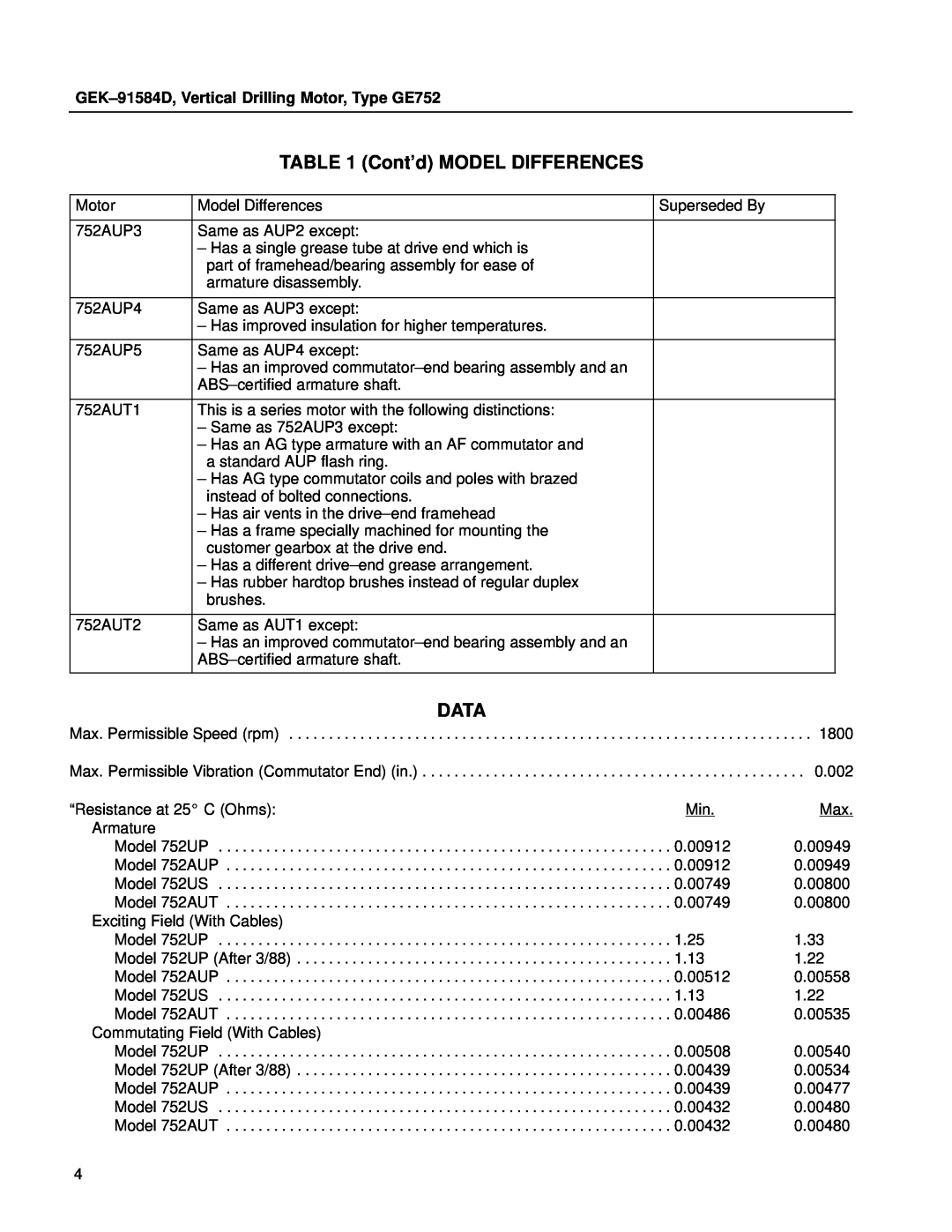 GE manual Contd MODEL DIFFERENCES, Data, GEK±91584D, Vertical Drilling Motor, Type GE752 