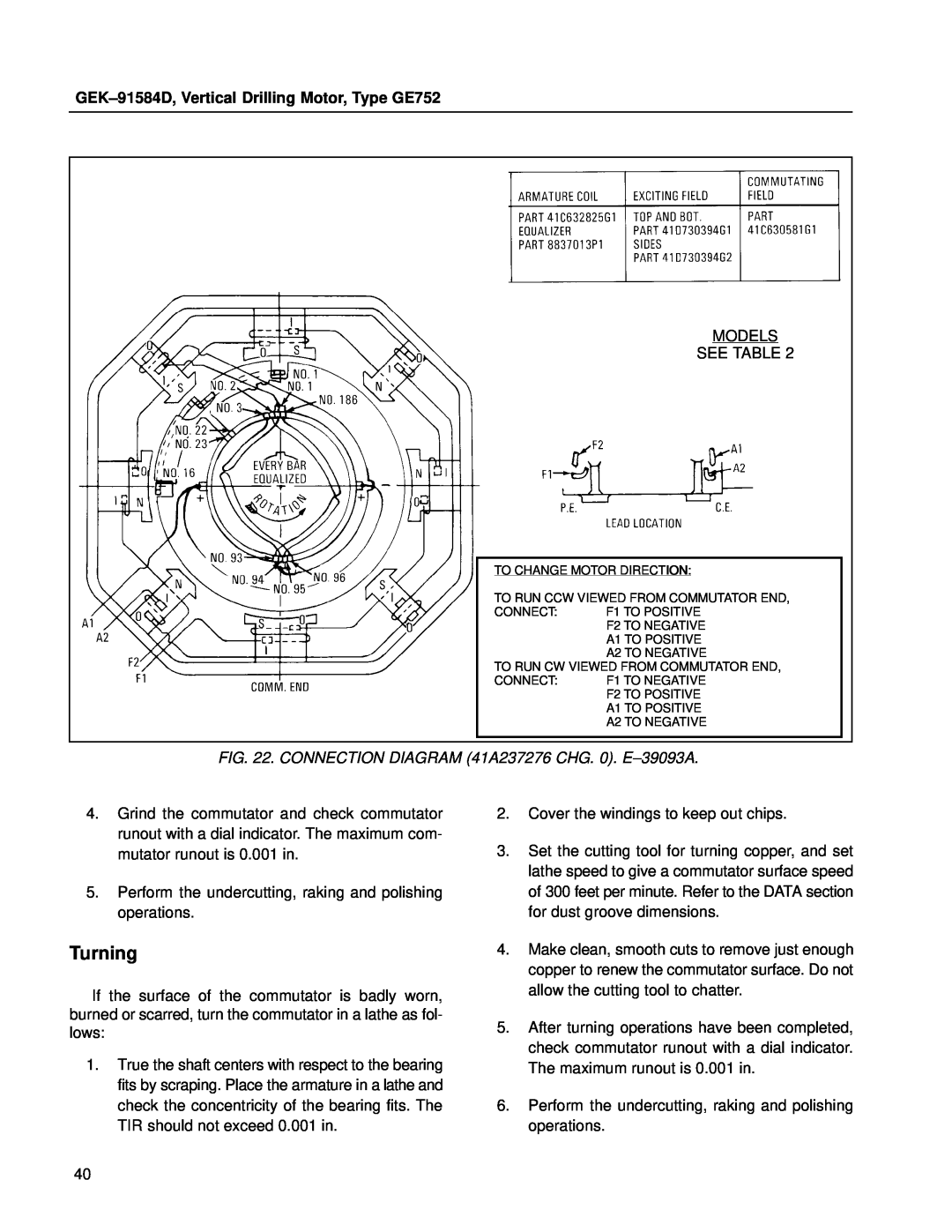 GE manual Turning, CONNECTION DIAGRAM 41A237276 CHG. 0. E±39093A, GEK±91584D, Vertical Drilling Motor, Type GE752 