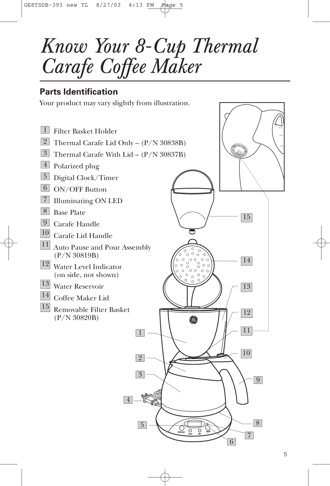 GE 1549887, GE8TSDB, 68113168965 manual Know Your 8-Cup Thermal Carafe Coffee Maker, Parts Identification 