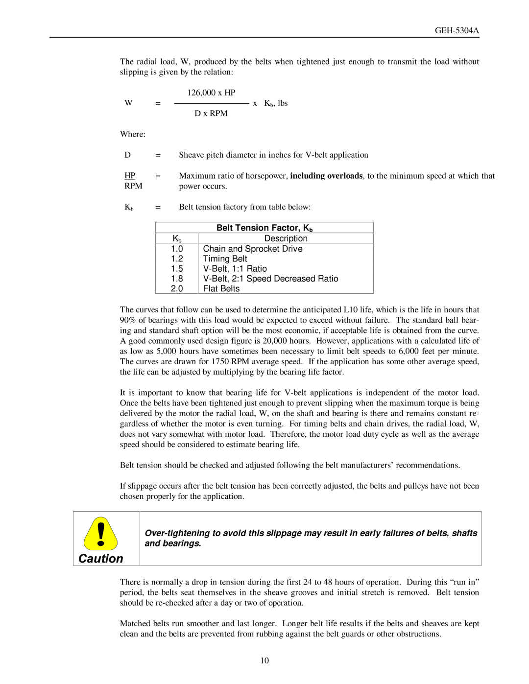 GE GEH-5304A manual Belt Tension Factor, Kb 