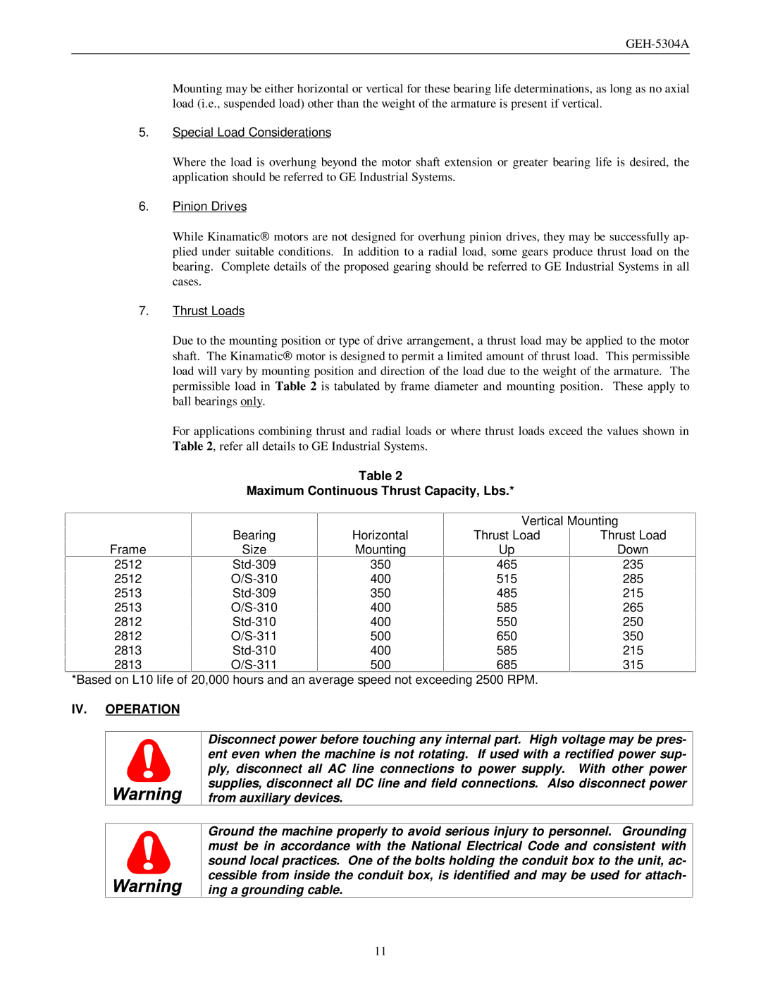 GE GEH-5304A manual Special Load Considerations, Pinion Drives, Thrust Loads, Maximum Continuous Thrust Capacity, Lbs 