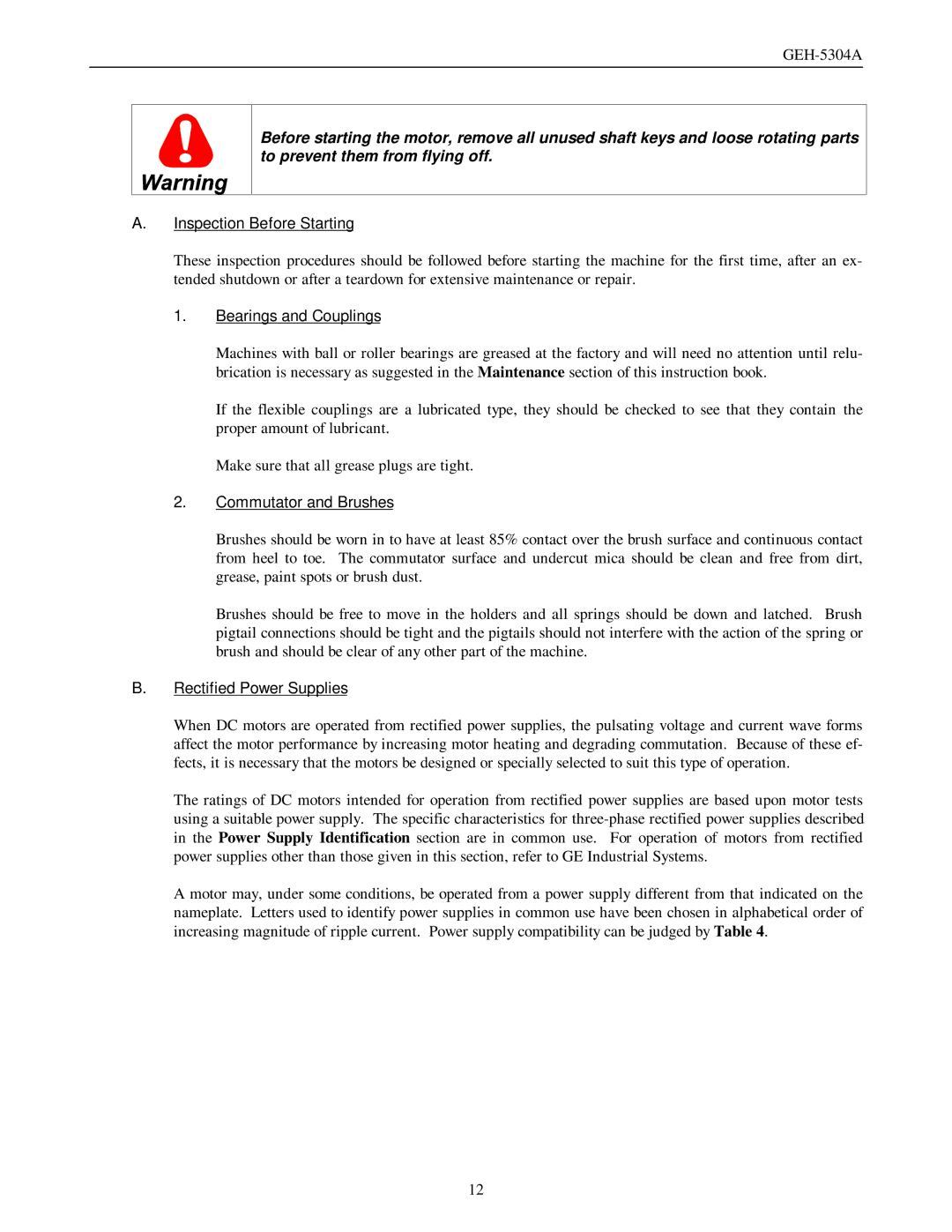 GE GEH-5304A manual Inspection Before Starting, Bearings and Couplings, Commutator and Brushes, Rectified Power Supplies 