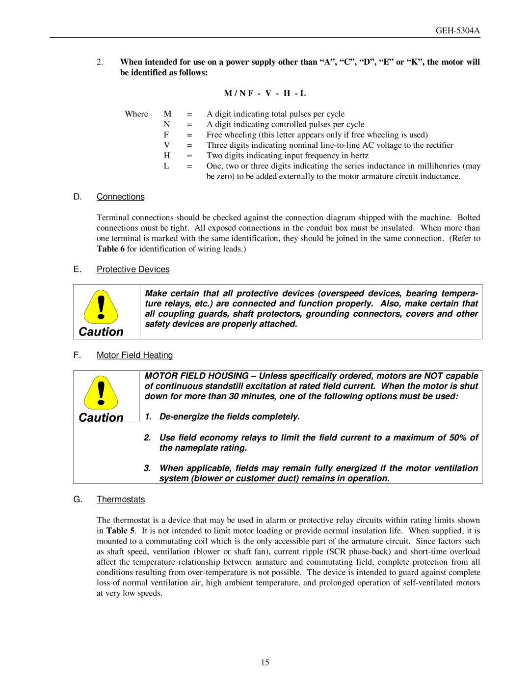 GE GEH-5304A manual Connections, Protective Devices, Motor Field Heating, Thermostats 