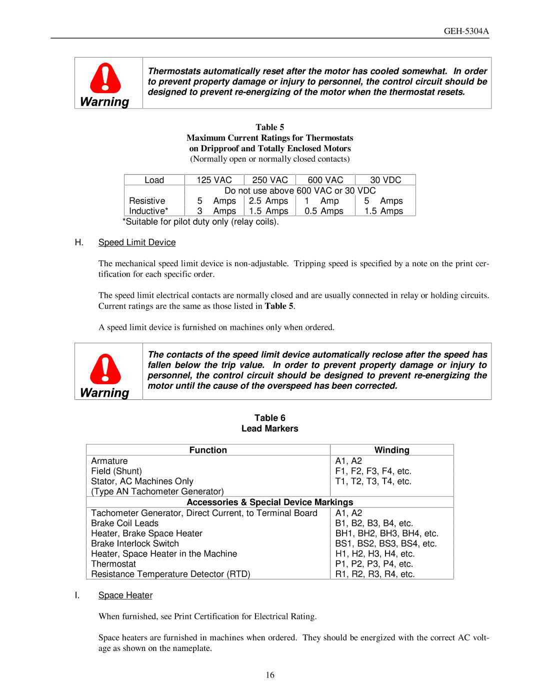 GE GEH-5304A manual Lead Markers Function, Winding, A1, A2 F1, F2, F3, F4, etc. T1, T2, T3, T4, etc 