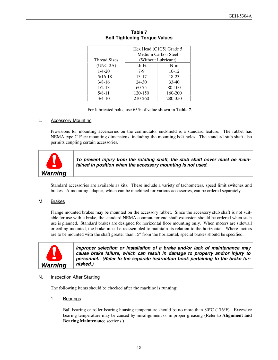 GE GEH-5304A manual Bolt Tightening Torque Values, Accessory Mounting, Brakes, Inspection After Starting, Bearings 