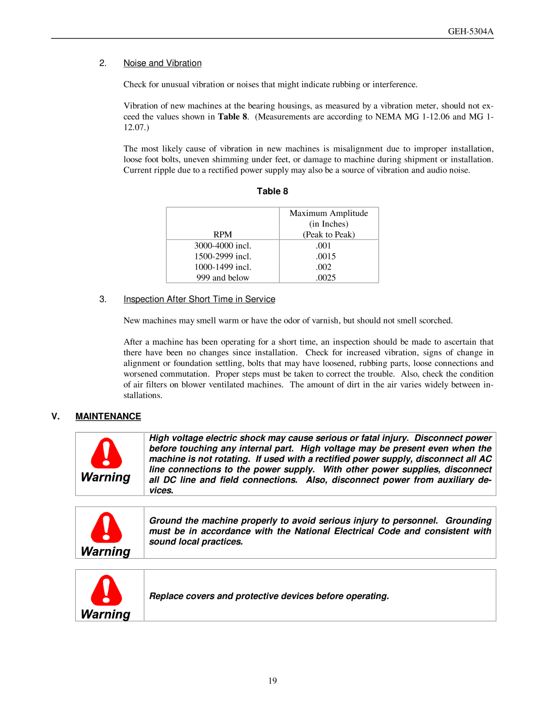 GE GEH-5304A manual Noise and Vibration, Inspection After Short Time in Service 