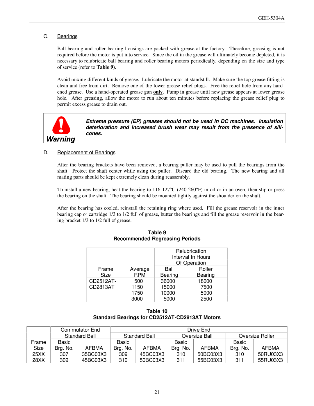 GE GEH-5304A manual Replacement of Bearings, Recommended Regreasing Periods, Frame Size CD2512AT- CD2813AT Average 