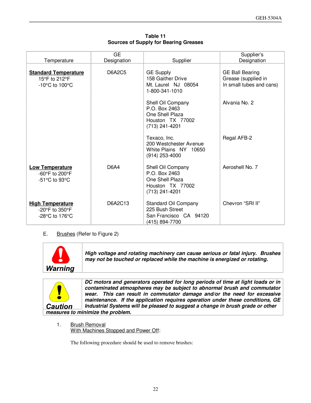 GE GEH-5304A manual Sources of Supply for Bearing Greases, Standard Temperature 15F to 212F -10C to 100C, Low Temperature 