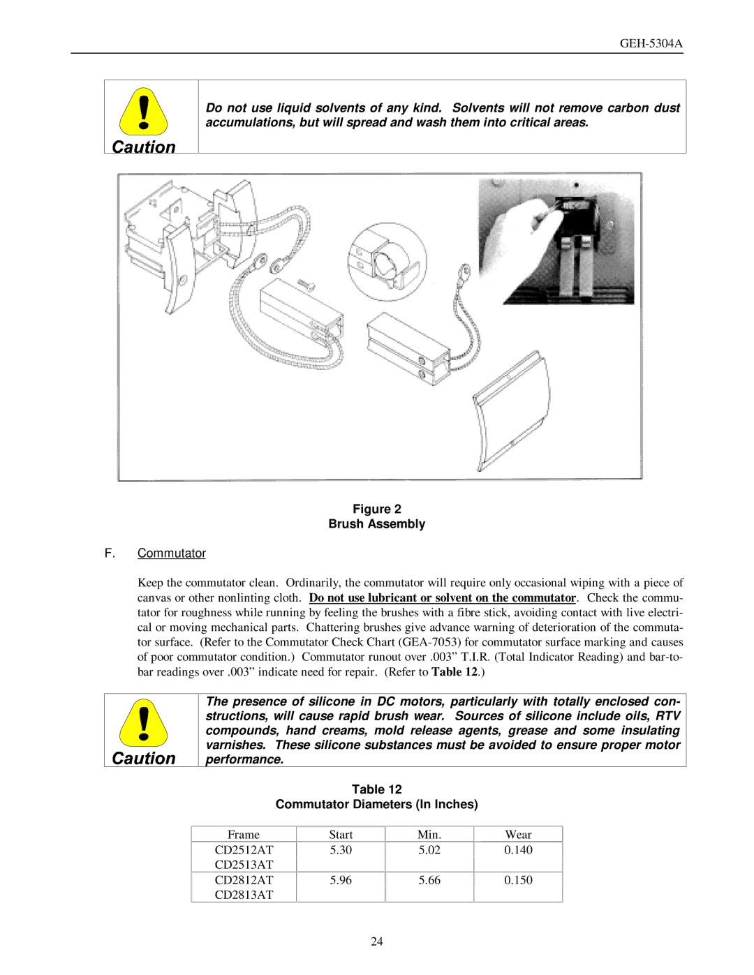 GE GEH-5304A manual Brush Assembly, Commutator Diameters In Inches 