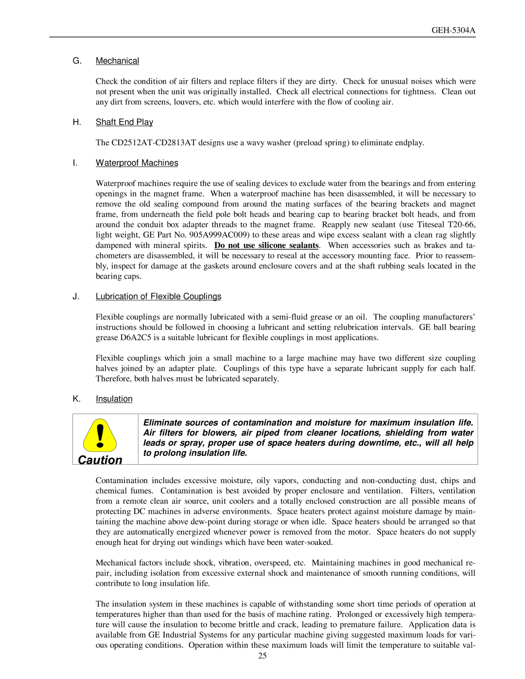 GE GEH-5304A manual Mechanical, Shaft End Play, Waterproof Machines, Lubrication of Flexible Couplings, Insulation 