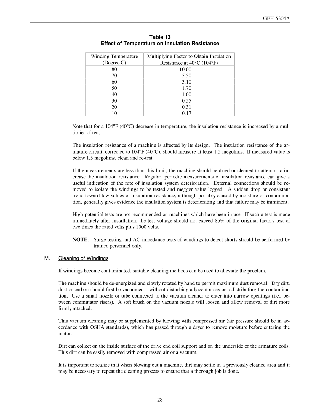 GE GEH-5304A manual Effect of Temperature on Insulation Resistance, Cleaning of Windings 