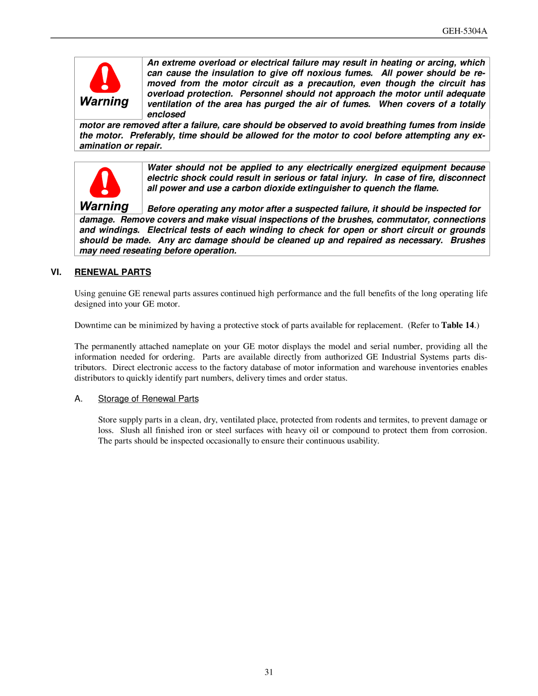 GE GEH-5304A manual VI. Renewal Parts, Storage of Renewal Parts 