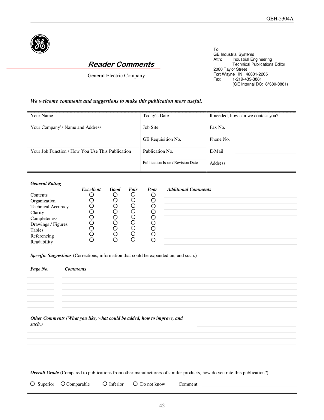 GE GEH-5304A manual 5HDGHU&RPPHQWV 