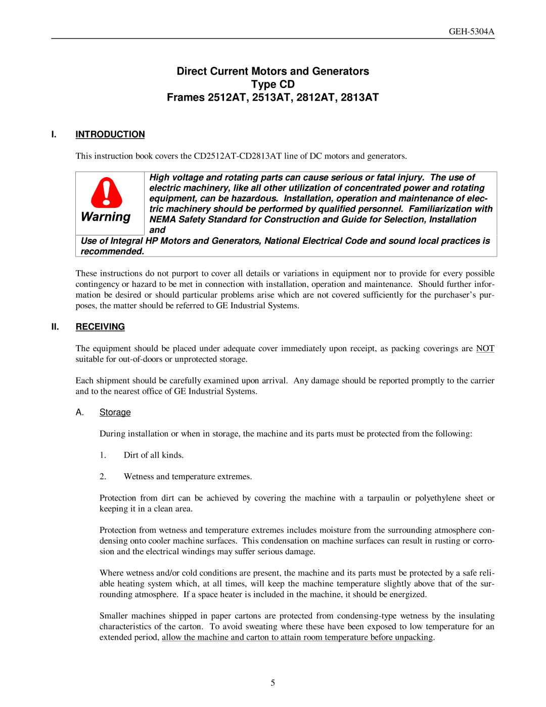 GE GEH-5304A manual II. Receiving, Storage 