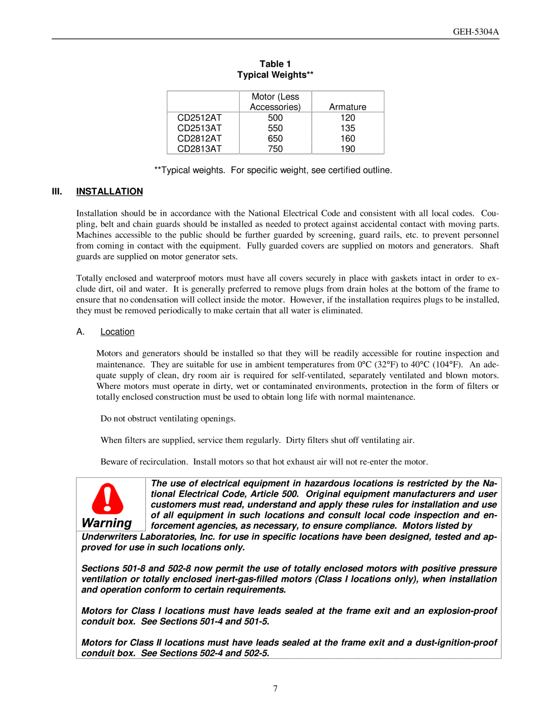 GE GEH-5304A manual Typical Weights, Location 