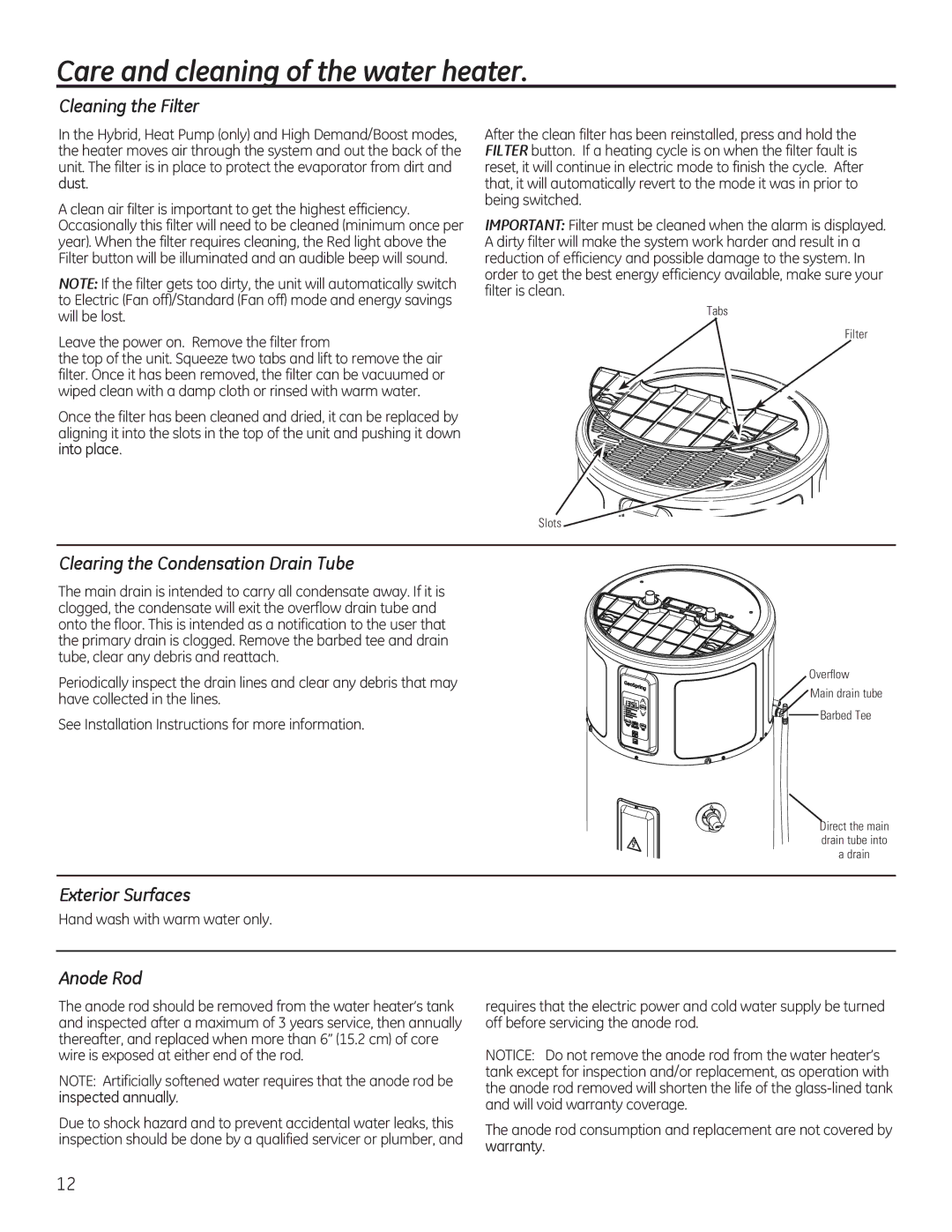 GE GEH50DEED Care and cleaning of the water heater, Cleaning the Filter, Clearing the Condensation Drain Tube, Anode Rod 