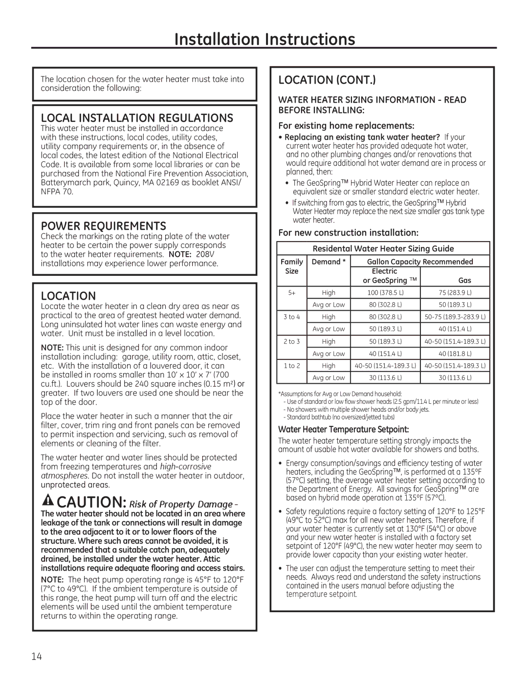 GE GEH50DEED owner manual $87,21Risk of Property Damage, $75+$756,=,1*,1250$7,215$ %25,167$//,1* 