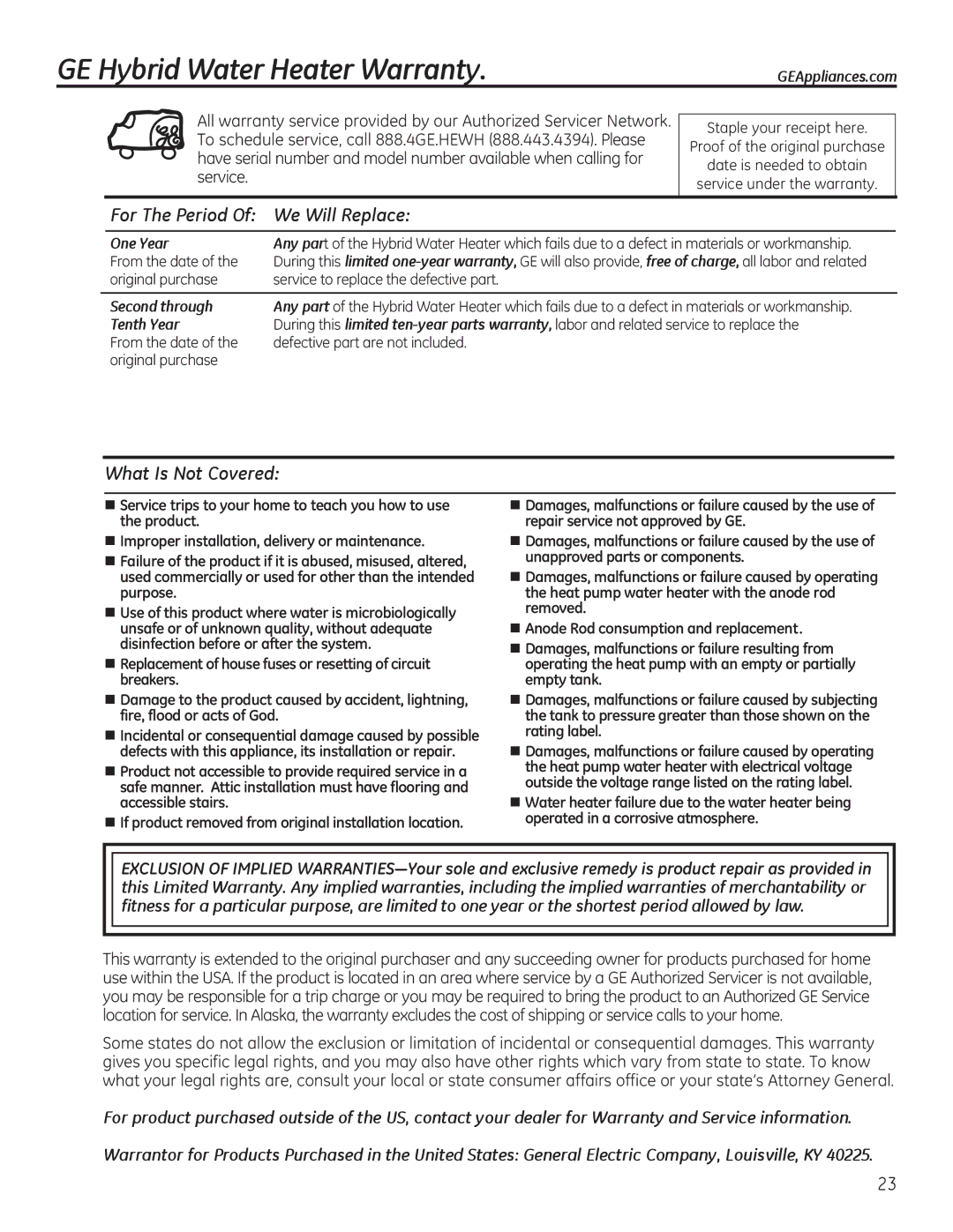 GE GEH50DEED owner manual GE Hybrid Water Heater Warranty, For The Period Of We Will Replace, What Is Not Covered 