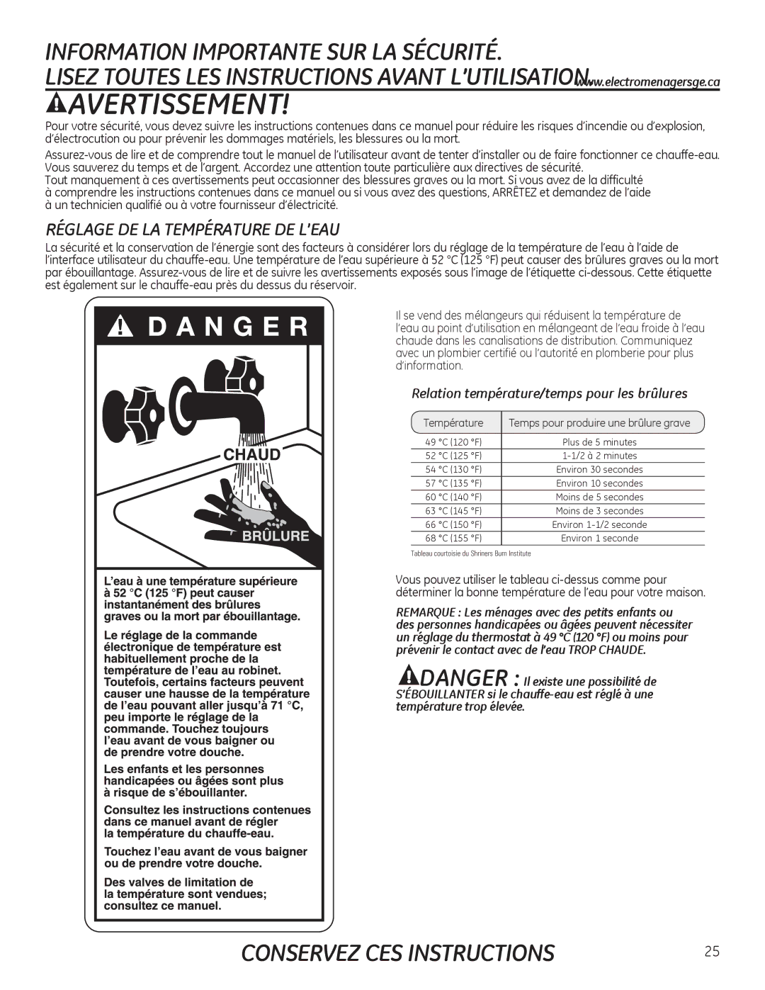 GE GEH50DEED owner manual Relation température/temps pour les brûlures, Température, Temps pour produire une brûlure grave 