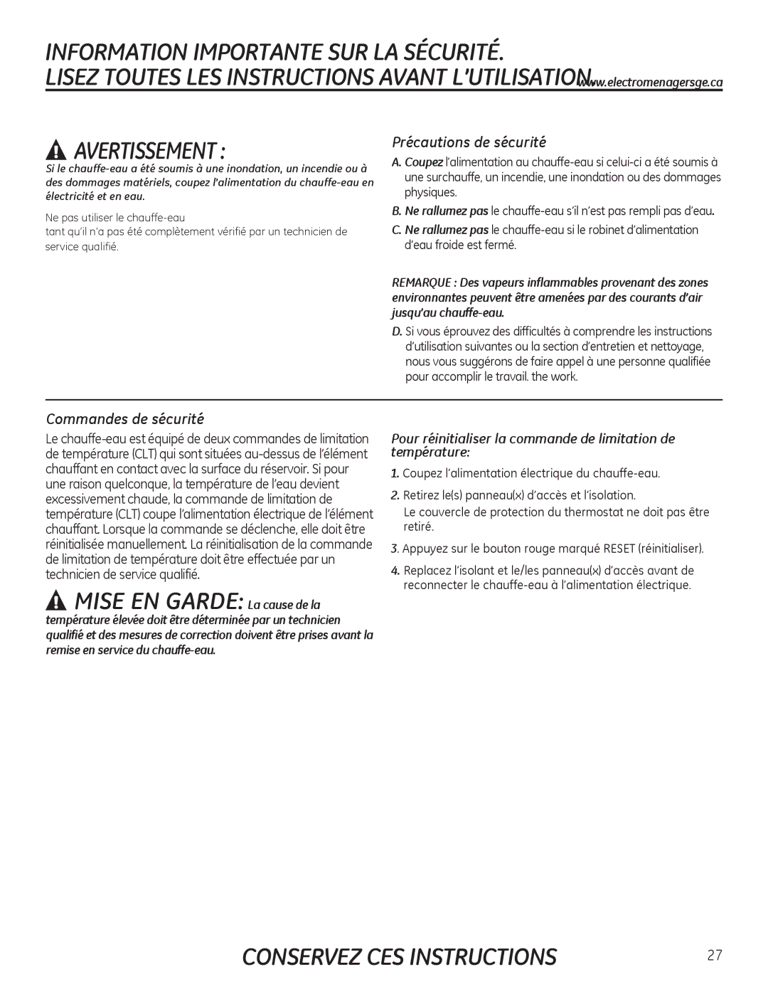 GE GEH50DEED owner manual Mise EN Garde La cause de la, Précautions de sécurité, Commandes de sécurité 