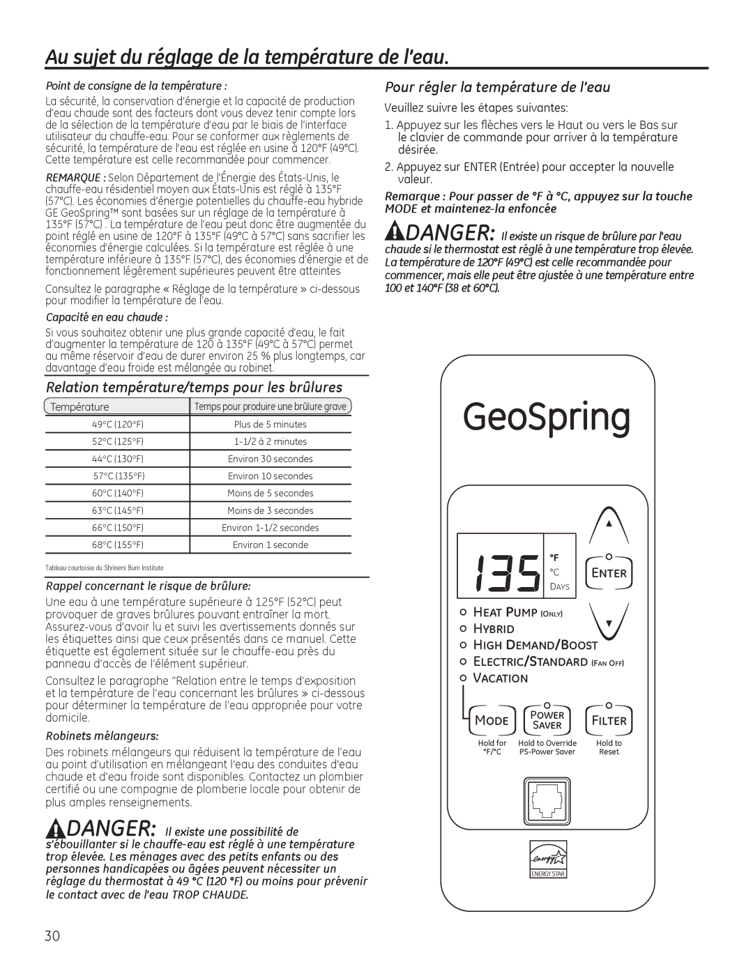 GE GEH50DEED owner manual Au sujet du réglage de la température de l’eau, Relation température/temps pour les brûlures 