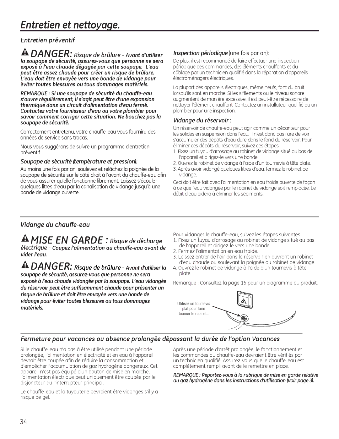 GE GEH50DEED owner manual Entretien et nettoyage, Entretien préventif, Soupape de sécurité température et pression 