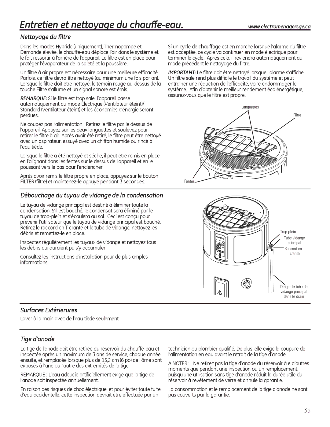 GE GEH50DEED owner manual Débouchage du tuyau de vidange de la condensation, Surfaces Extérierures, Tige d’anode 