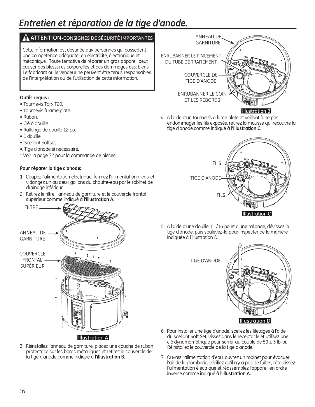 GE GEH50DEED owner manual Entretien et réparation de la tige d’anode, Outils requis, Pour réparer la tige d’anode 