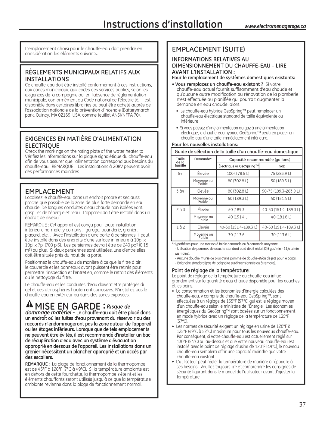 GE GEH50DEED owner manual Emplacement Suite, Point de réglage de la température 