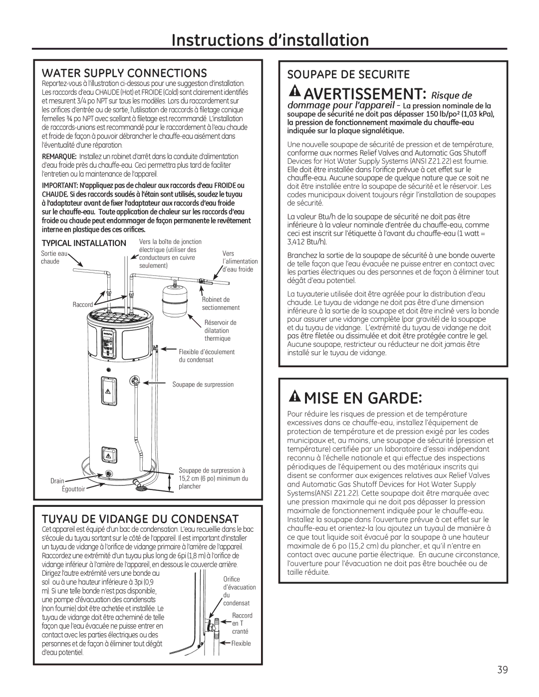 GE GEH50DEED owner manual Water Supply Connections, Soupape DE Securite, Tuyau DE Vidange DU Condensat, %WxK 